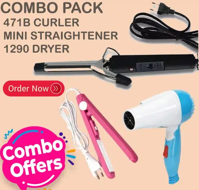 Mini Straightener, Curler & Hair Dryer Combo, Multicolor, Set of 3
