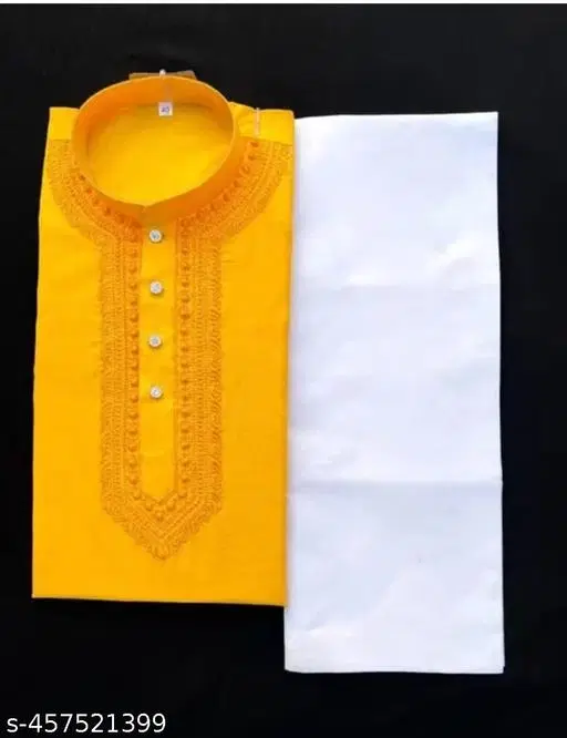 Cotton Blend Solid Kurta Set for Men, Yellow & White (M)