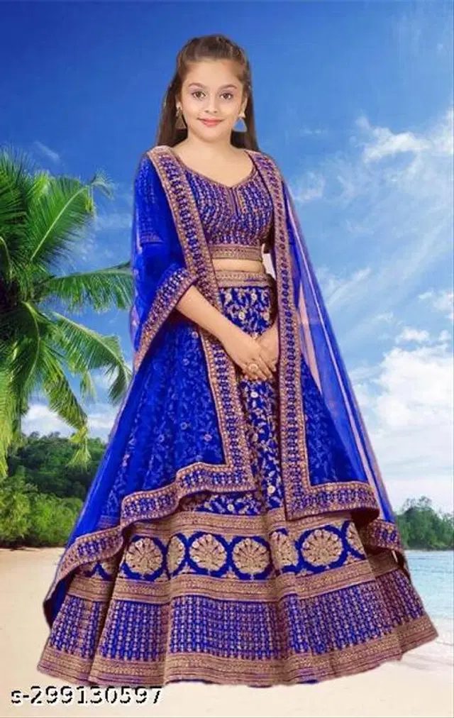 Satin Lehenga Cholis with Dupatta for Girls (4-5 Years, Royal Blue)
