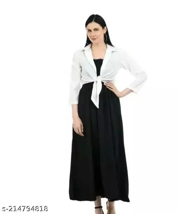 Poly Crepe Dress for Women (Black & White, L)