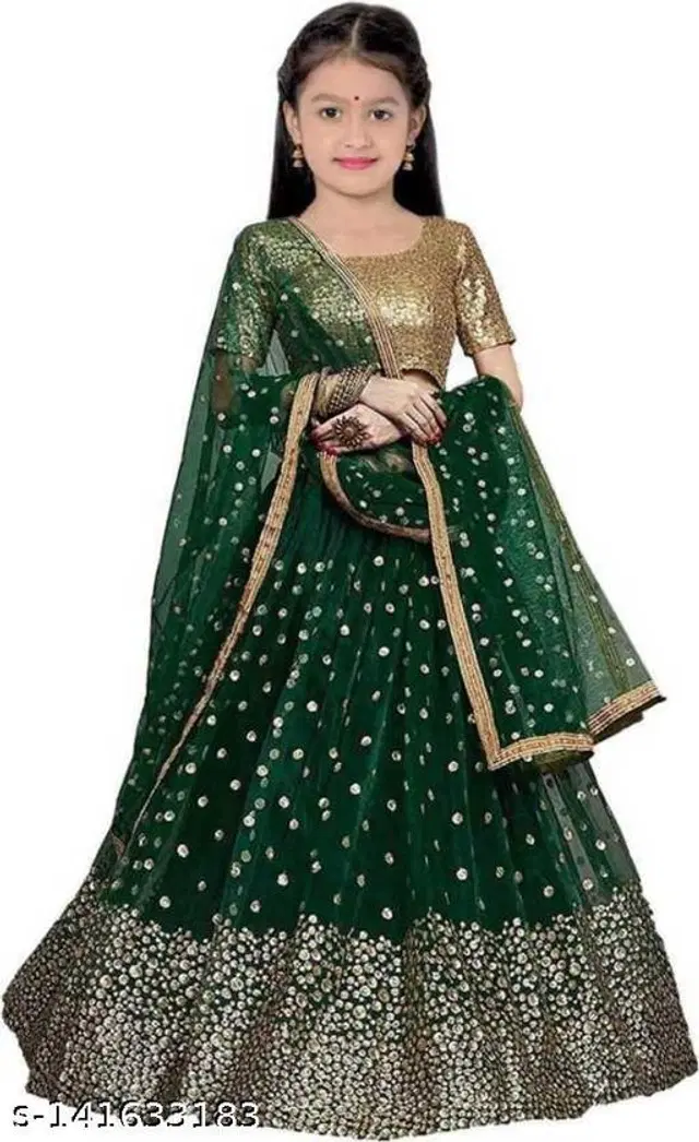 Net Lehenga with Choli & Dupatta for Girls (Green, 3-4 Years)