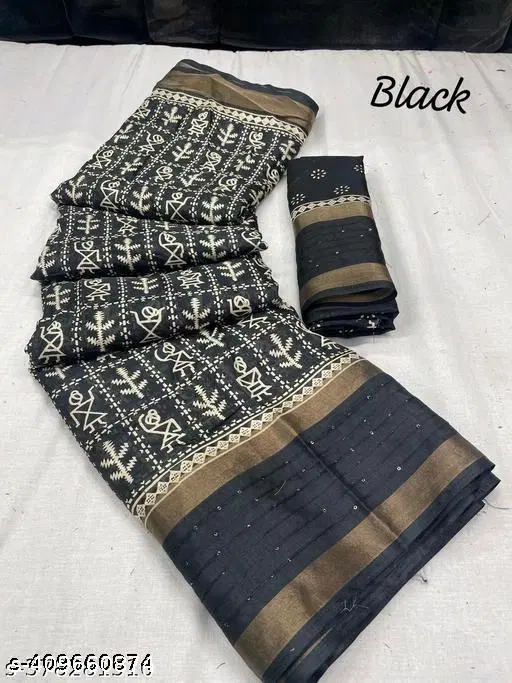 Silk Printed Saree for Women, Black (6.3 M)