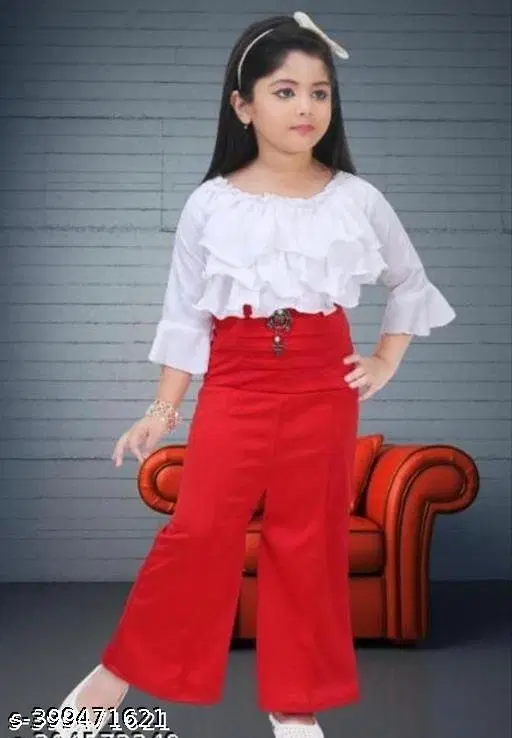 Cotton Blend Top & Bottom Set for Girls (Red, 11-12 Years)