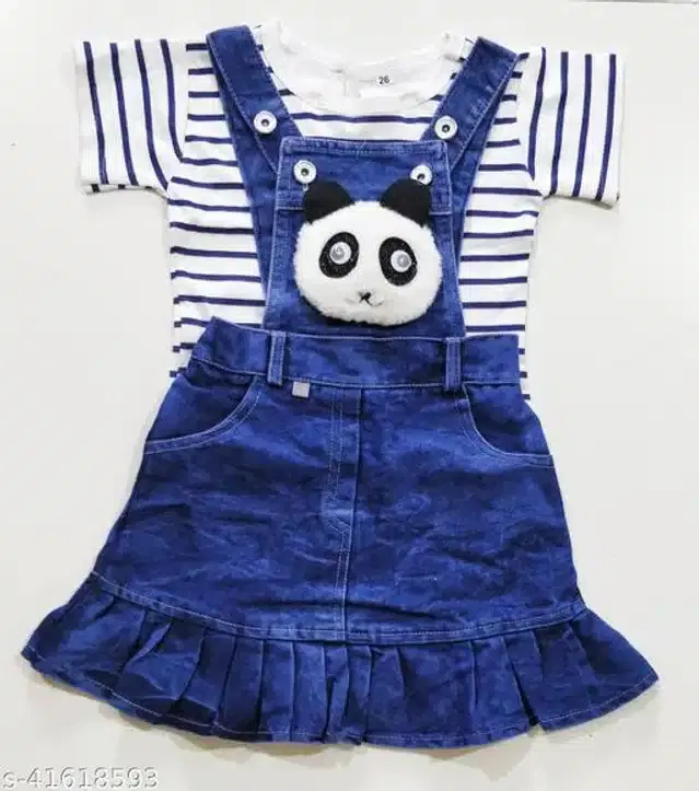 Dungaree with Top for Girls (White & Blue, 0-3 Months)