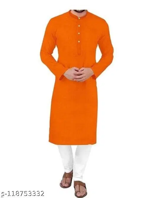 Mandarin Neck Kurta for Men (Orange, S)