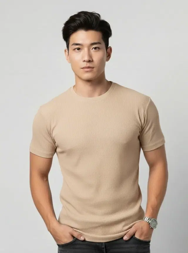 Polyester Round Neck T-shirt for Men, Beige (M)