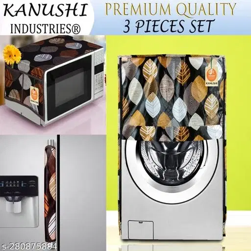 KANUSHI Industries® Microwave / Oven Top Cover With 4 Utility Pockets + 1 Pc Washab l& Dustproof Front Load Automatic Washing Machine Cover + 1 Pc FRIDGE HANDLE COVER (MICRO+W.M-FRONT+1-HANDLE-BROWN-LONG-LEVS)