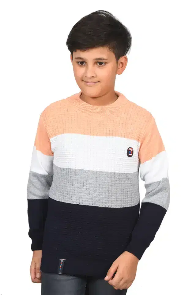 Full Sleeves Sweater for Boys (Peach & White, 9-10 Year)