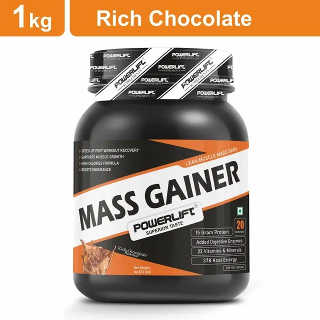 POWERLIFT for Muscle Mass Gain, High Protein with Multivitamins Weight Gainers/Mass Gainers, 1 kg, Rich Chocolate