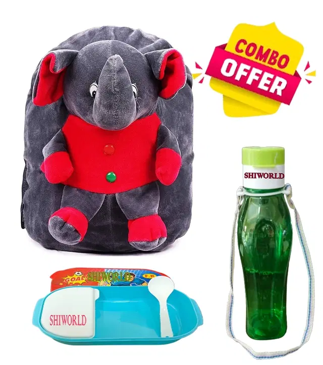 Combo of Fabric School Bag, Water Bottle with Lunch Box for Kids, Multicolor, Set of 3