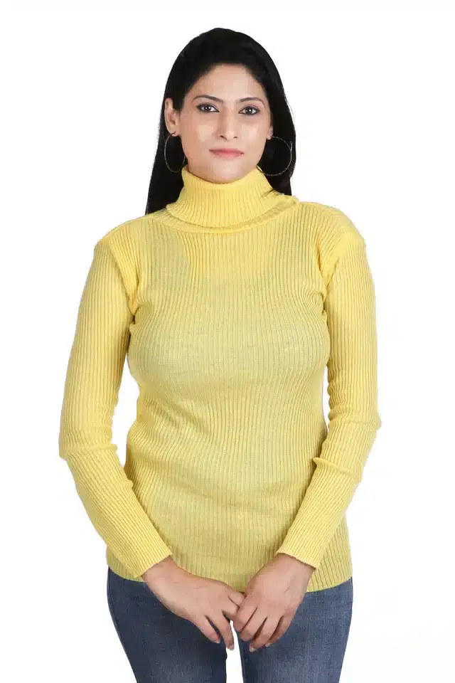 Full Sleeves High Neck Sweater for Women (Yellow, M)