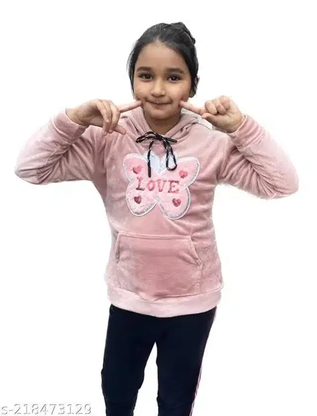Wool Embroidered Full Sleeves Hooded Sweatshirt for Girls (Light Pink, 6-7 Years)