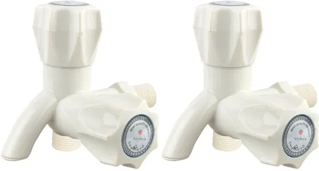 Plastic 2-in-1 Bib Cock Taps Faucet with Wall Flange, White, Set of 2