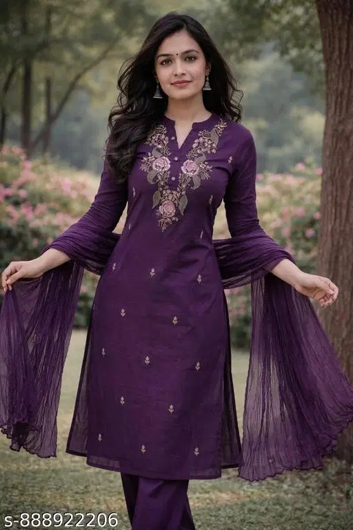 Floral Embroidered Cotton Blend Kurta Pant With Dupatta Set for Women (Purple, S)