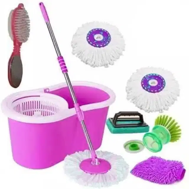 Plastic Bucket Spin Mop with 3 Refills Set & Cleaning Accessories Combo, Pink, Set of 5