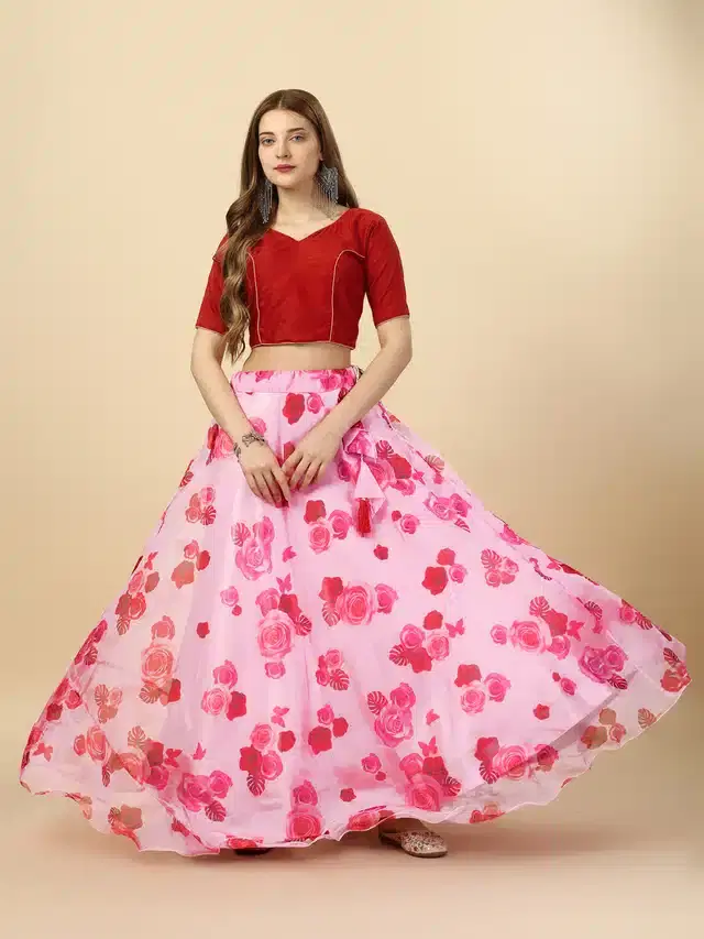 Georgette Semi Stitched Lehenga Choli for Women (Pink, Free Size)