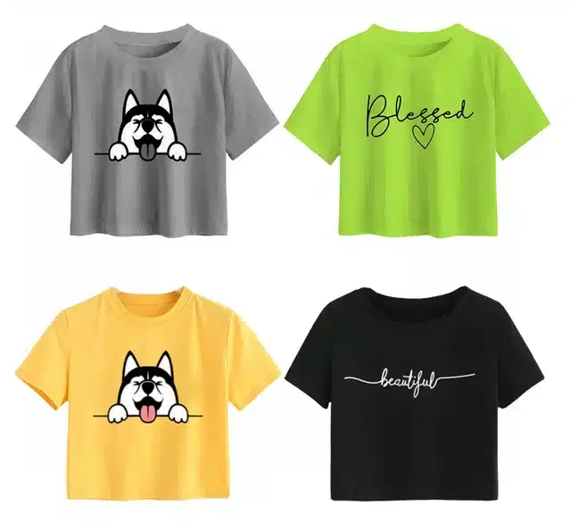 Cotton Printed Crop Tops for Girls, Pack of 4 (Multicolor, 13-14 Years)