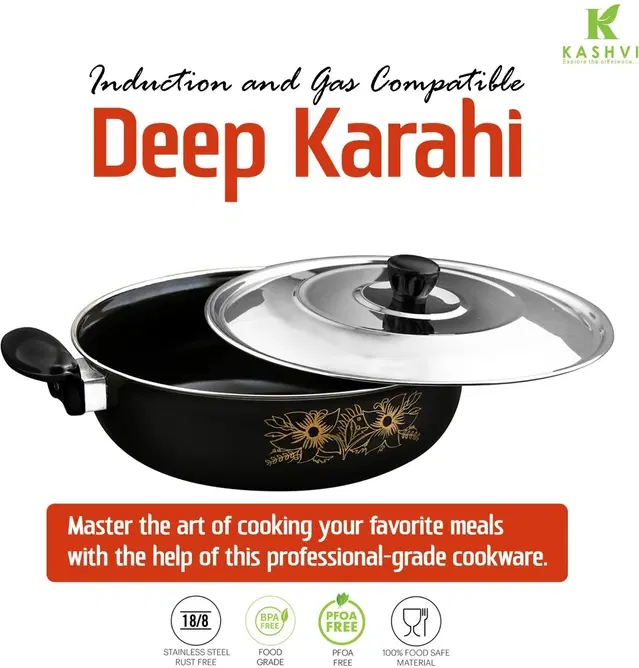 Cast Iron Kadai with Lid, Black & Silver, 28 cm