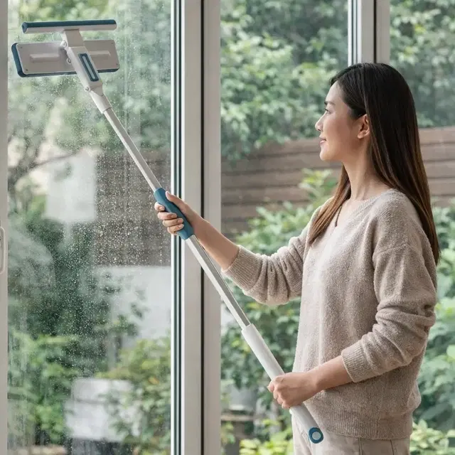 2-in-1 Window Cleaner featuring a squeegee and a microfiber scrubber