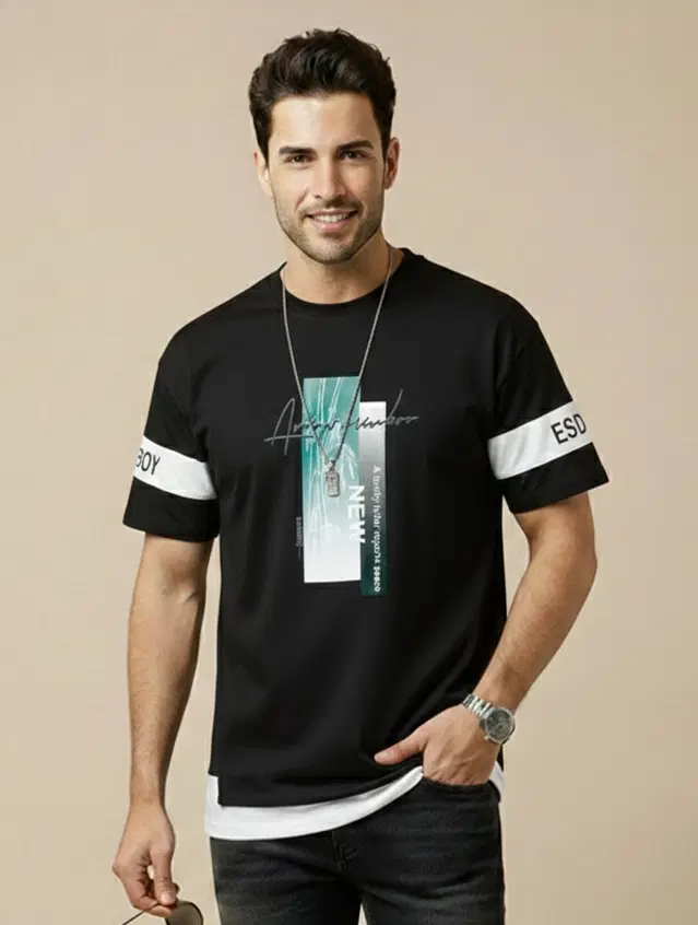 Polyester Printed T-shirt for Men, Black (L)