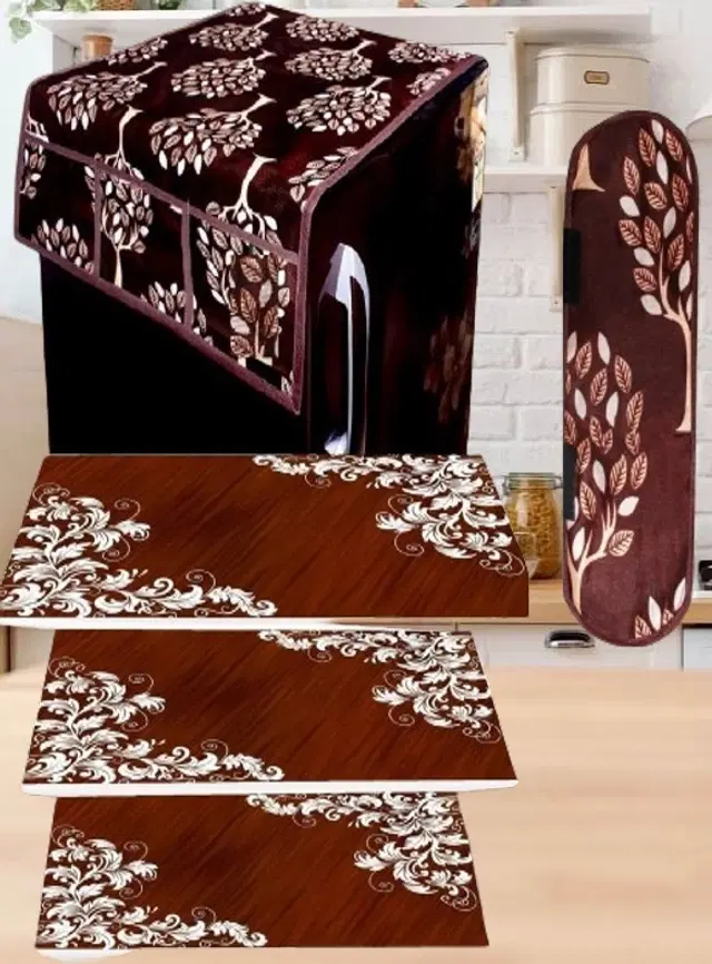 PVC Printed Fridge Top Cover with 3 Pcs Shelf Mats & Handle Cover, Multicolor, Set of 1