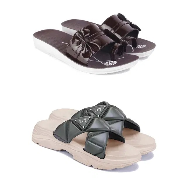 Combo of Sliders & Flats for Women, Set of 2 (Multicolor, 5)