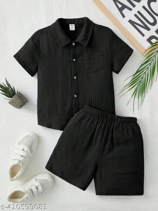 Cotton Spandex Shirt and Short Set for Boys (Black, 6-12 Months)