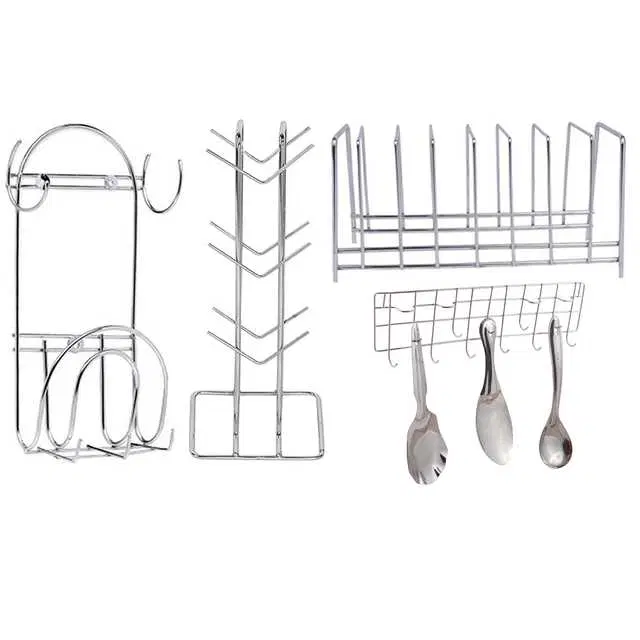 Stainless Steel Cup Stand & Plate Stand & Chakla Belan Stand With Hook & Hook Rail For Kitchen, Set of 4, OC-033