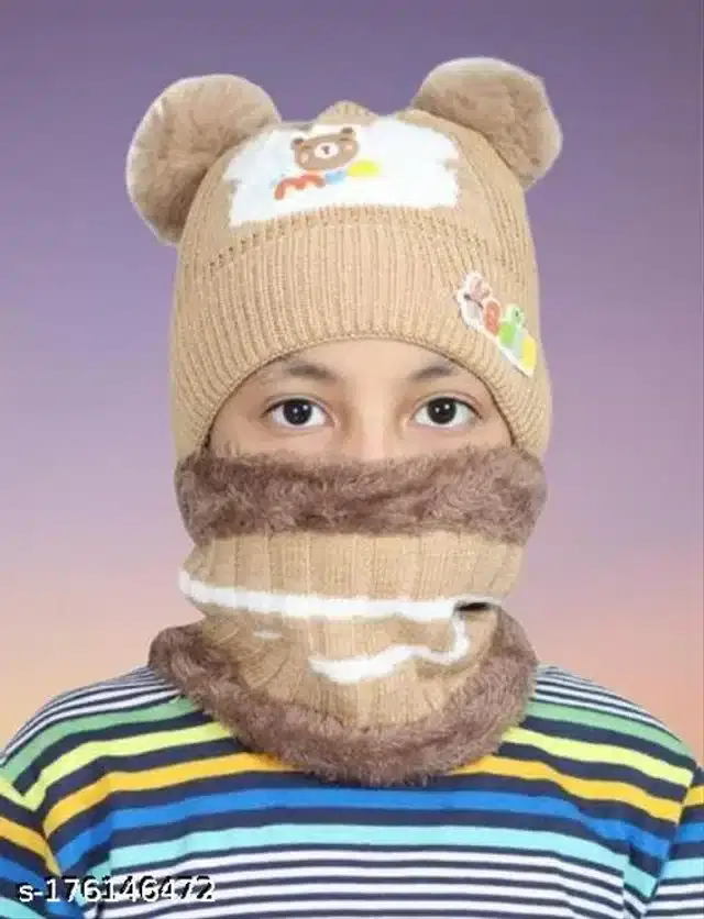 Woolen Winter Beanie Cap with Neck Warmer for Kids (Beige & Brown, 2-7 Years)