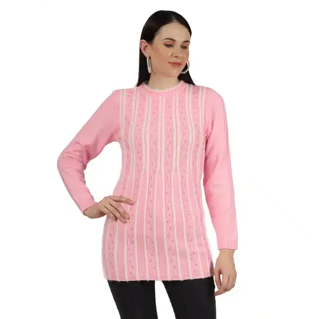 Woollen Blend Full Sleeves Cardigan for Women (Pink, XL)