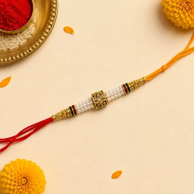 Designer Pearl & Beaded Rakhi for Brother – Red & Orange
