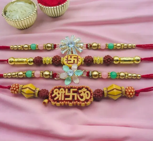 Handmade Designer Rakhi with Roli Chawal, Multicolor, Pack of 4