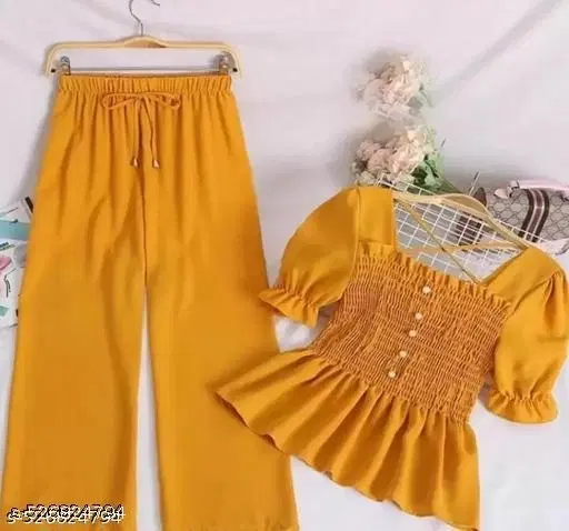Crepe Palazzo Set for Women (Mustard, 13-14 Years)