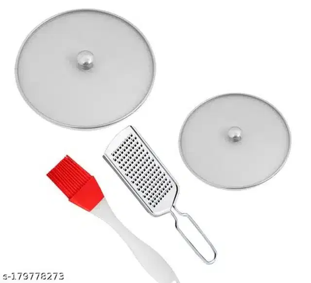 Metal Net Lids, 2 Pcs with Cheese Grater & Oil Brush, Red & Silver, Set of 4