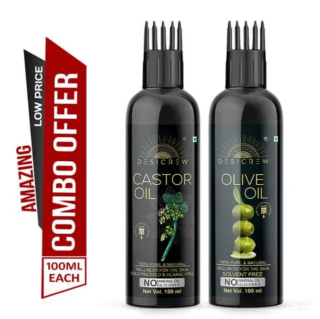 Desi Crew Cold Pressed Pure Castor Oil & Olive Oil, Pack Of 2, 100 ml, KGE-144