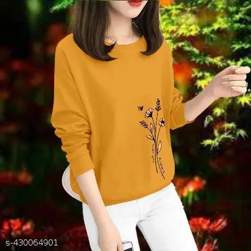 Cotton Printed Sweatshirt for Women (Yellow, M)
