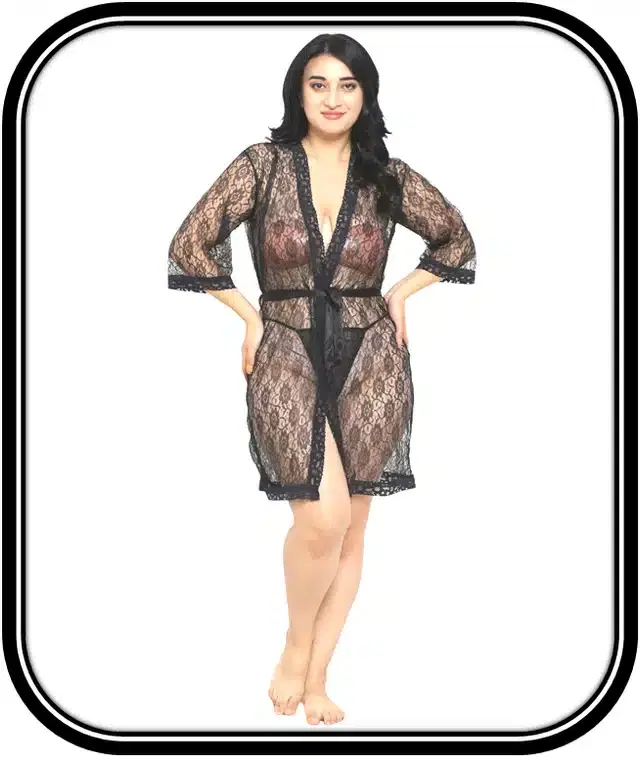 Net Babydoll Set for Women (Black, XXS)