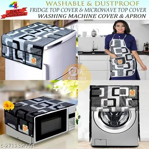 KANUSHI Industries® Washabl&Dustproof Front Load Automatic Washing Machine Cover+1 Pc Fridge Cover+1 Pc Microwave Cover+ Apron for Kitchen Front (W.M-Front+Apron+Micro+FRI-Black-Box)