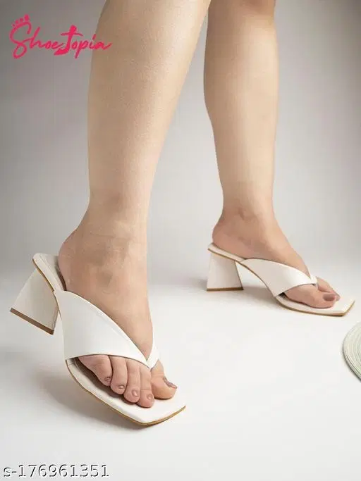 Shoetopia White Synthetic Block Heel Square Toe Mid-Top Sandals (IND-8)
