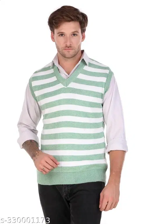 Half Sleeves Sweater for Men (Green & White, L)