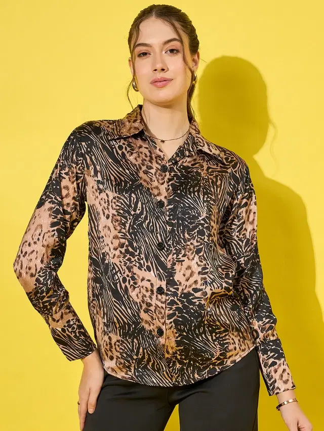 Full Sleeves Printed Shirt for Women (Dark Brown, L)