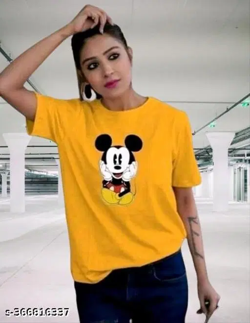 Polyester Printed T-Shirt for Women, Yellow (S)