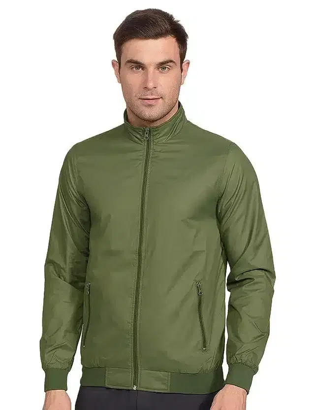 Polyester Solid Bomber Jacket for Men (Green, M)