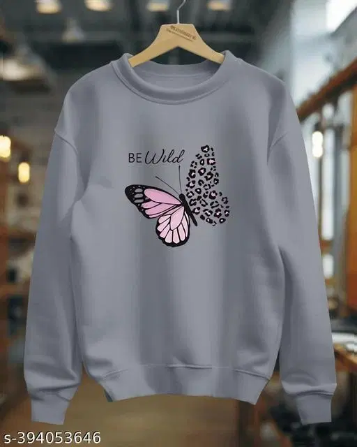 Cotton Printed Sweatshirt for Women (Grey, S)