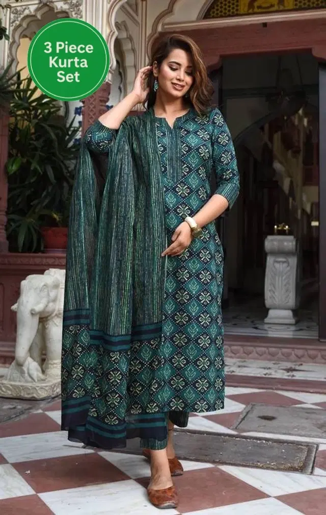 Cotton Printed Women's Kurta with Pant & Dupatta Set, Green (L)