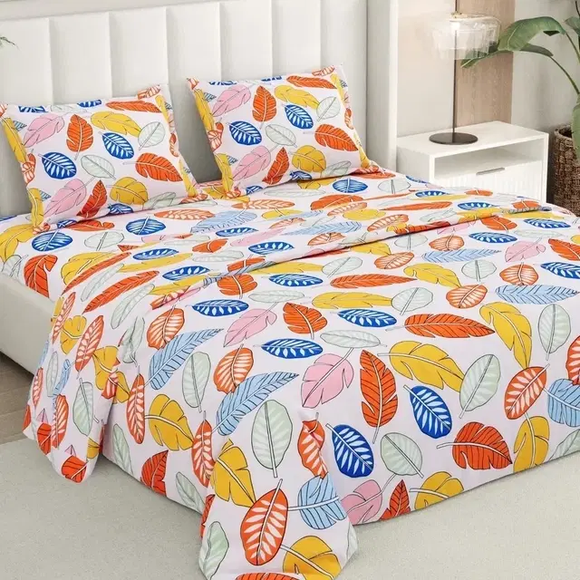 Rivermoor Premium Floral Flat Double Bedsheet, Double Bed Bedsheet With 2 Pillow Cover Set, 200 Tc Microfiber Ultra Soft Bedsheets, Bed Sheet For Flat Double Size Bed, Leaves, 88x96 In