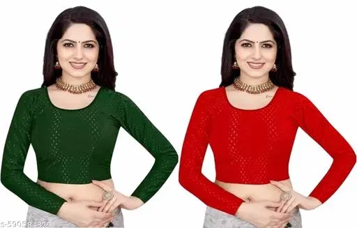 Lycra Ready Made Blouse for Women, Green & Red, Pack of 2 (26)
