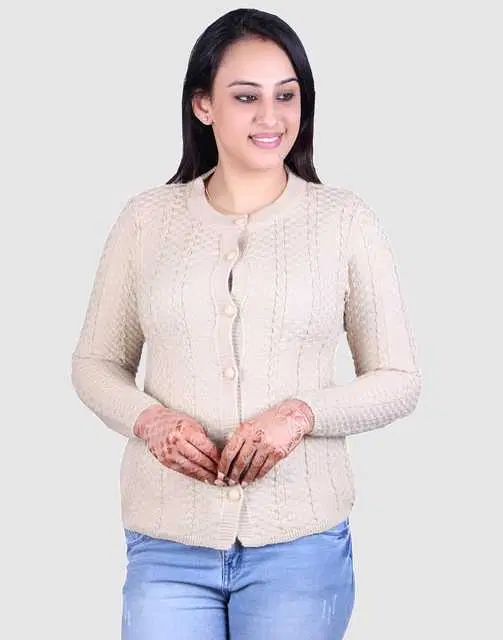 Women's Full Sleeves Cardigan (Beige, L) (M34)