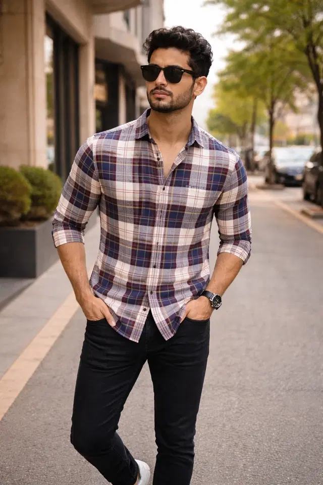 Cotton Blend Checkered Shirt for Men, Multicolour (M)
