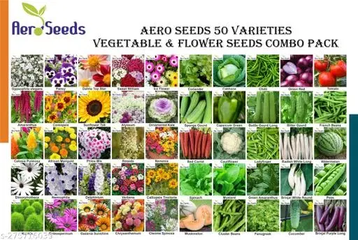 Aero Seeds 50 variety (25 flower and 25 vegetable) seeds combo pack with instruction manual.